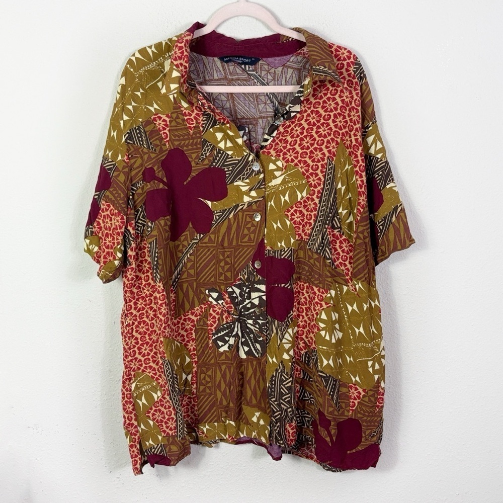 Marina Rinaldi‎ Sport Button Down Shirt Abstract Burgundy size 31